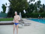 Blue Nike speedo, white swim cap (best)