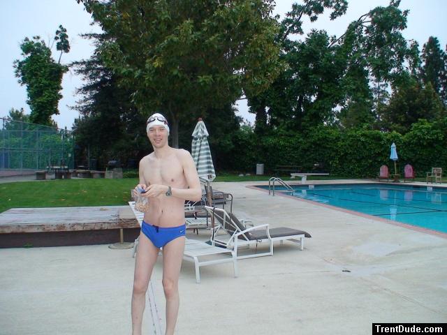 Blue Nike speedo, white swim cap (best)