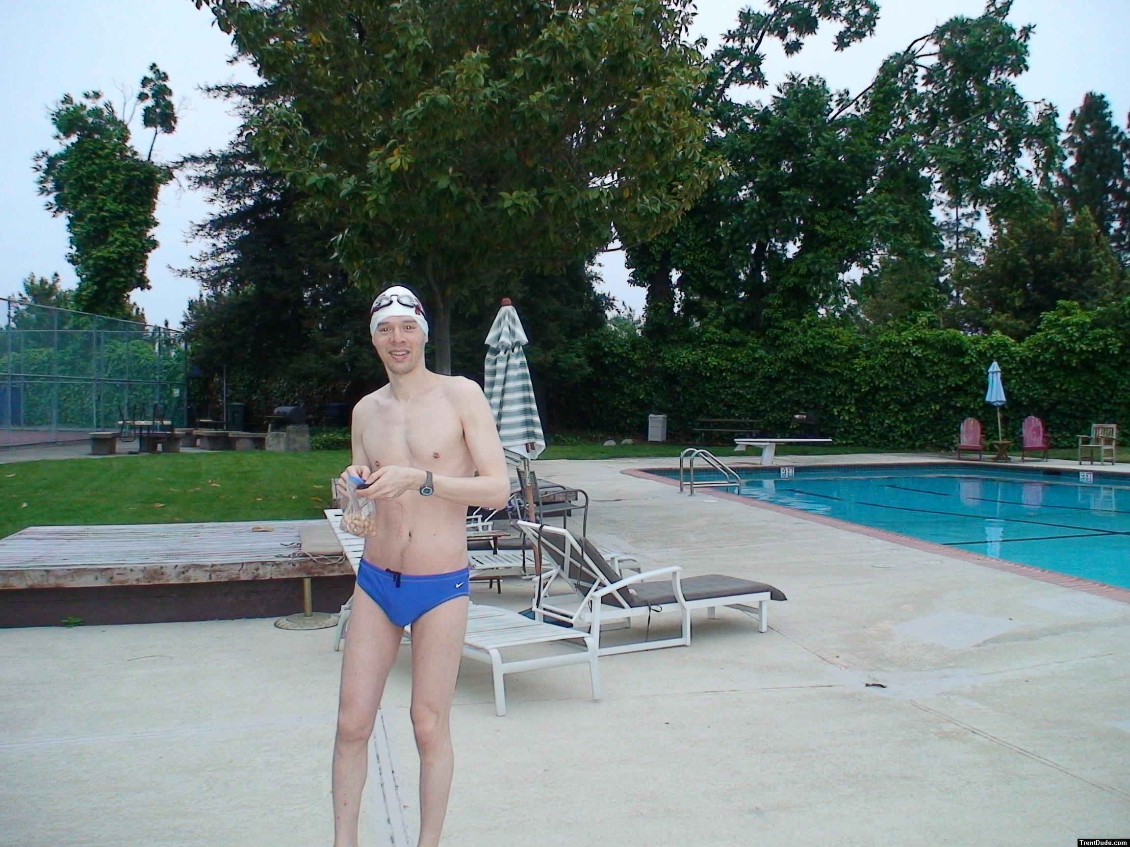 Blue Nike speedo, white swim cap (best)