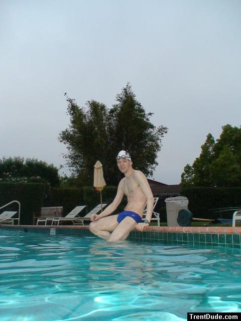 Blue Nike speedo, white swim cap (best)