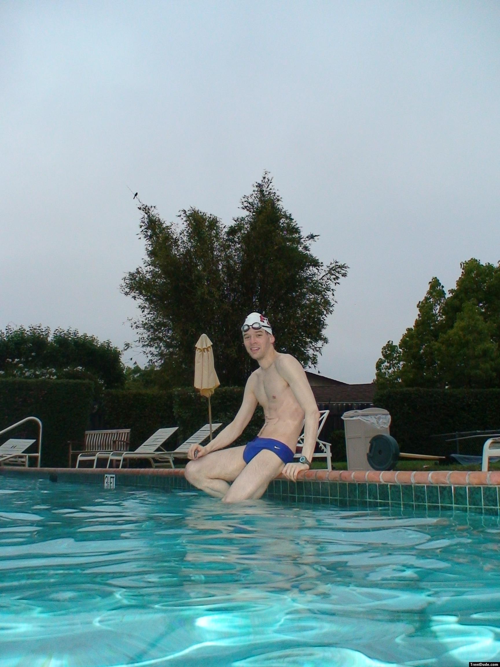 Blue Nike speedo, white swim cap (best)