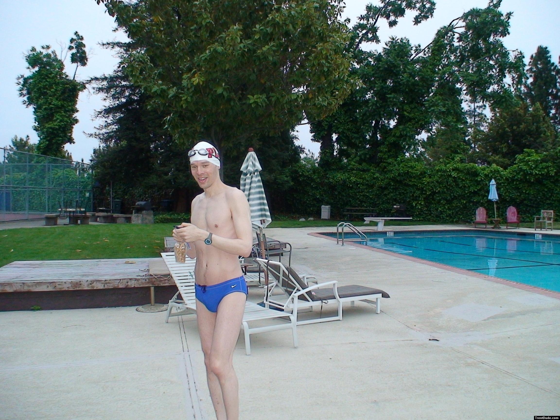 Blue Nike speedo, white swim cap (best) (smille)