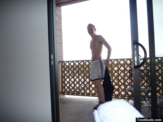 silky feel Addias shorts, shirtless, at a hotel in South Lake Tahoe, CA