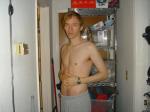 n - shirtless grey sweat pants