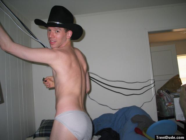 White bikini briefs (Life Brand) - wearing cowboy hat