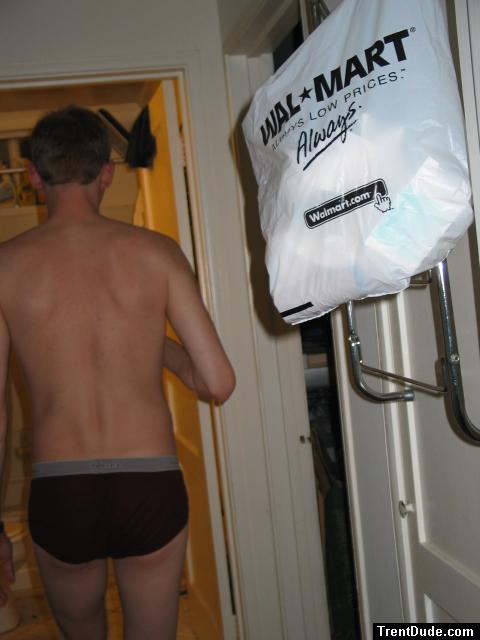 Getting ready to shower, backside, wearing red hanes briefs, neck, back