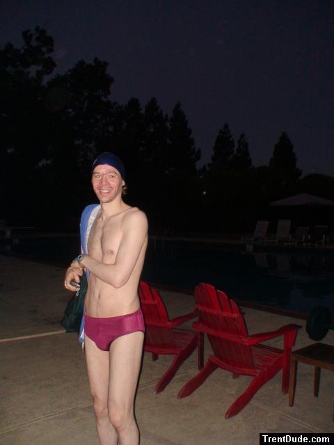 Red Speedo Aquablade swim brief, dirty face