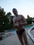 Red Speedo Aquablade swim brief, chest hair