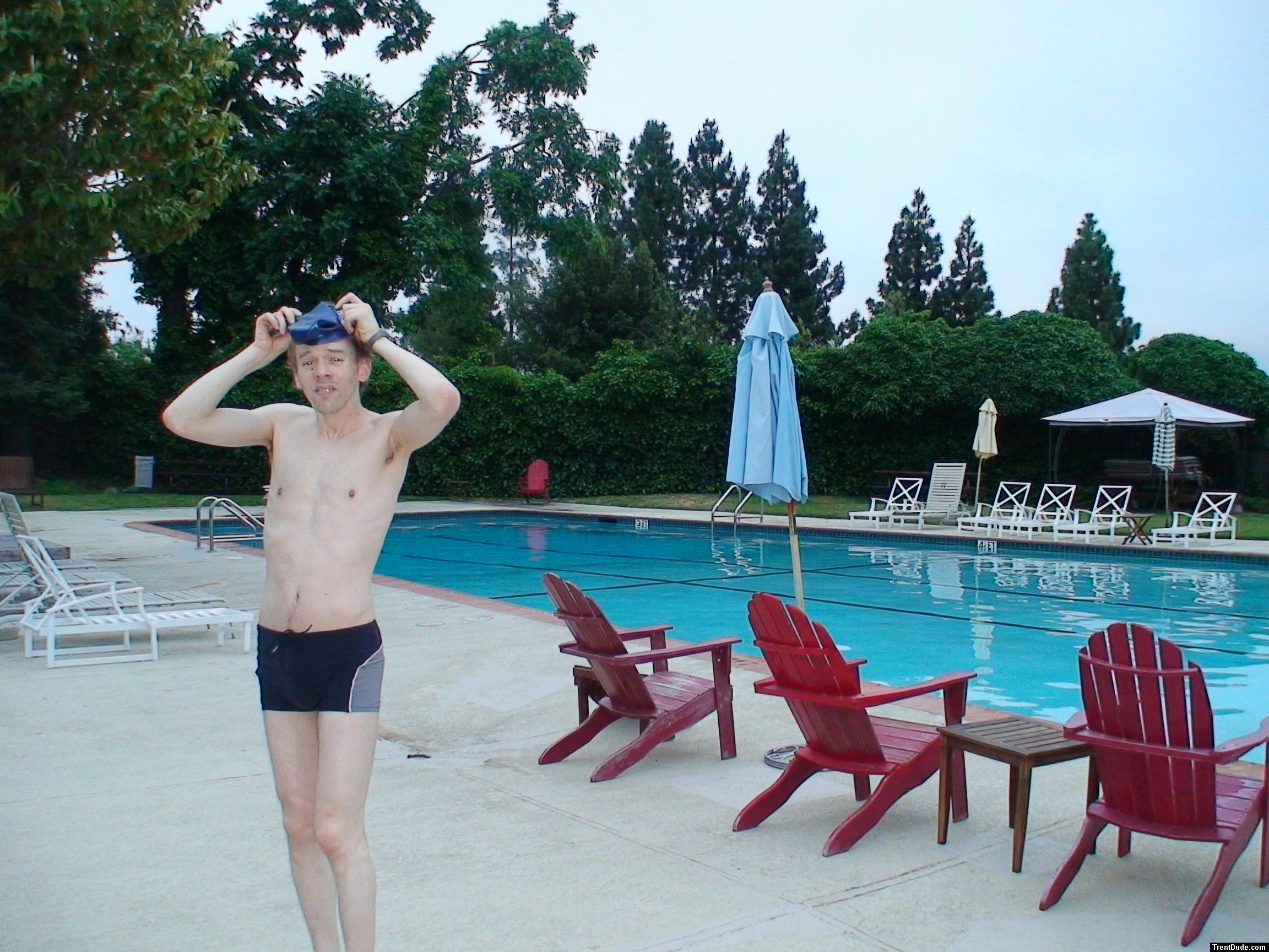 Calvin Klein swim boxers at the pool, swim cap