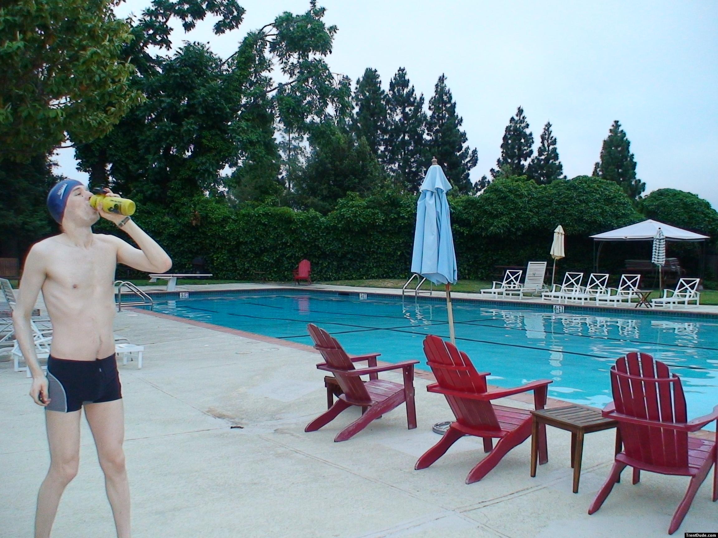 Calvin Klein swim boxers at the pool, swim cap