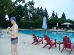 Calvin Klein swim boxers at the pool, swim cap