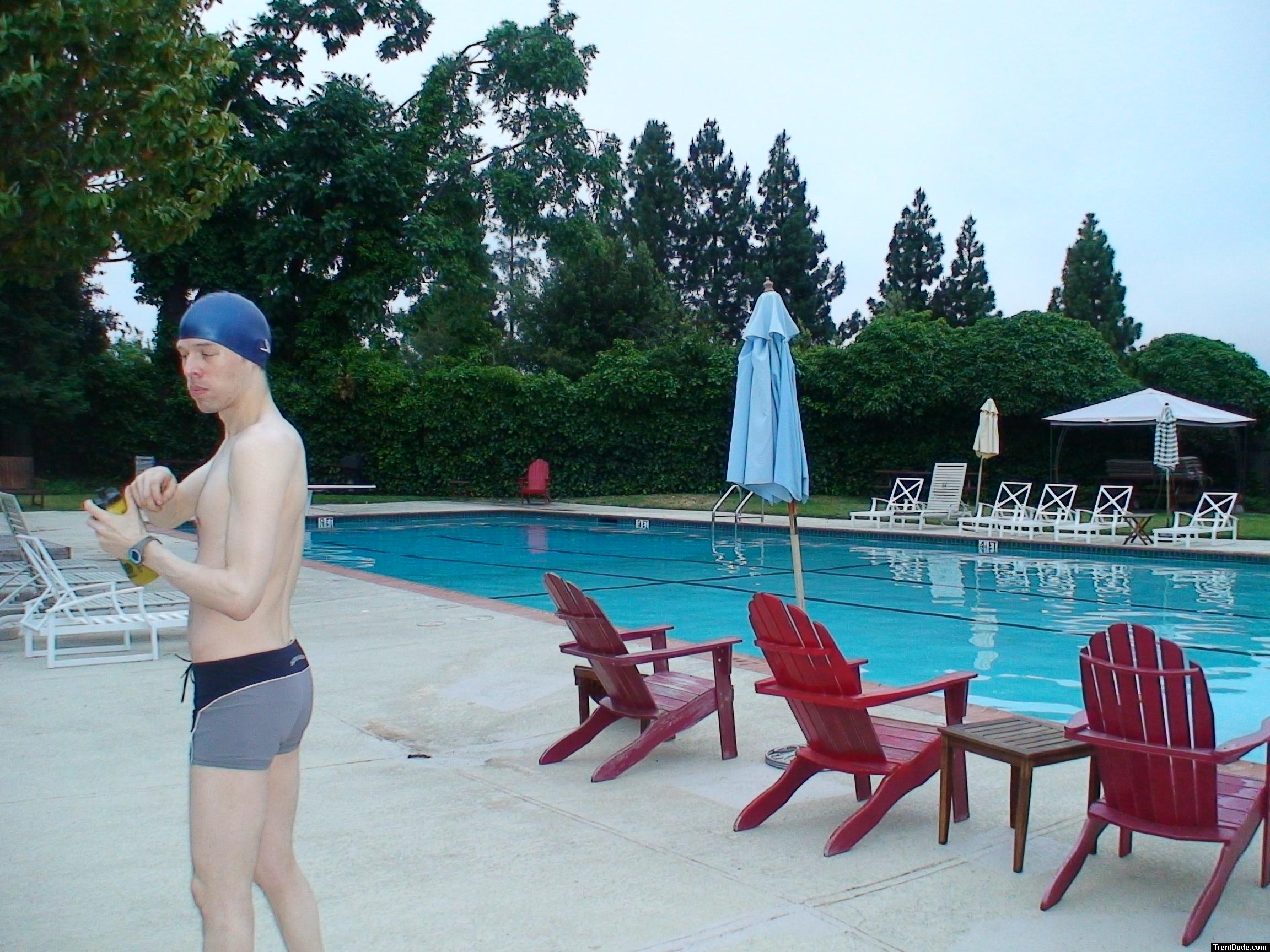 Calvin Klein swim boxers at the pool, swim cap
