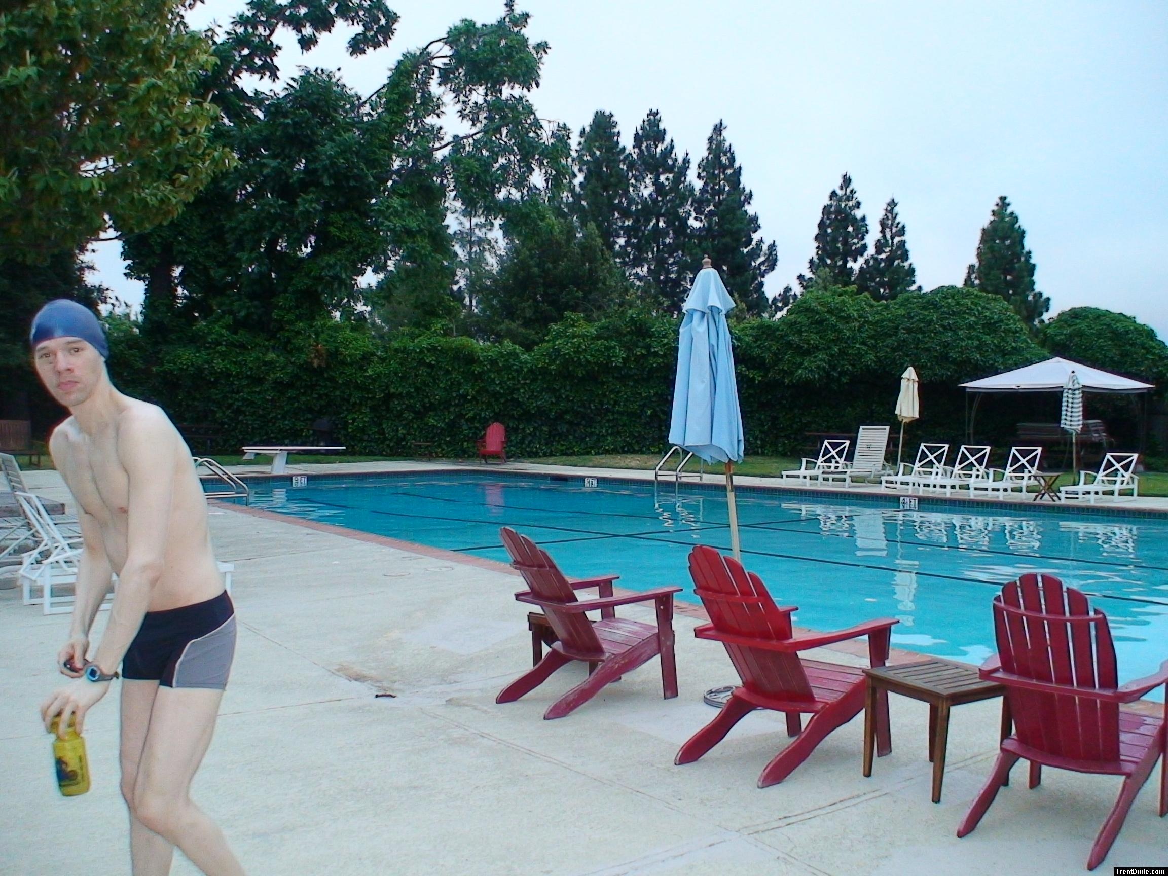 Calvin Klein swim boxers at the pool, swim cap