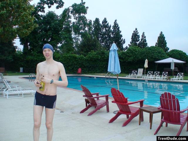 Calvin Klein swim boxers at the pool, swim cap, smile