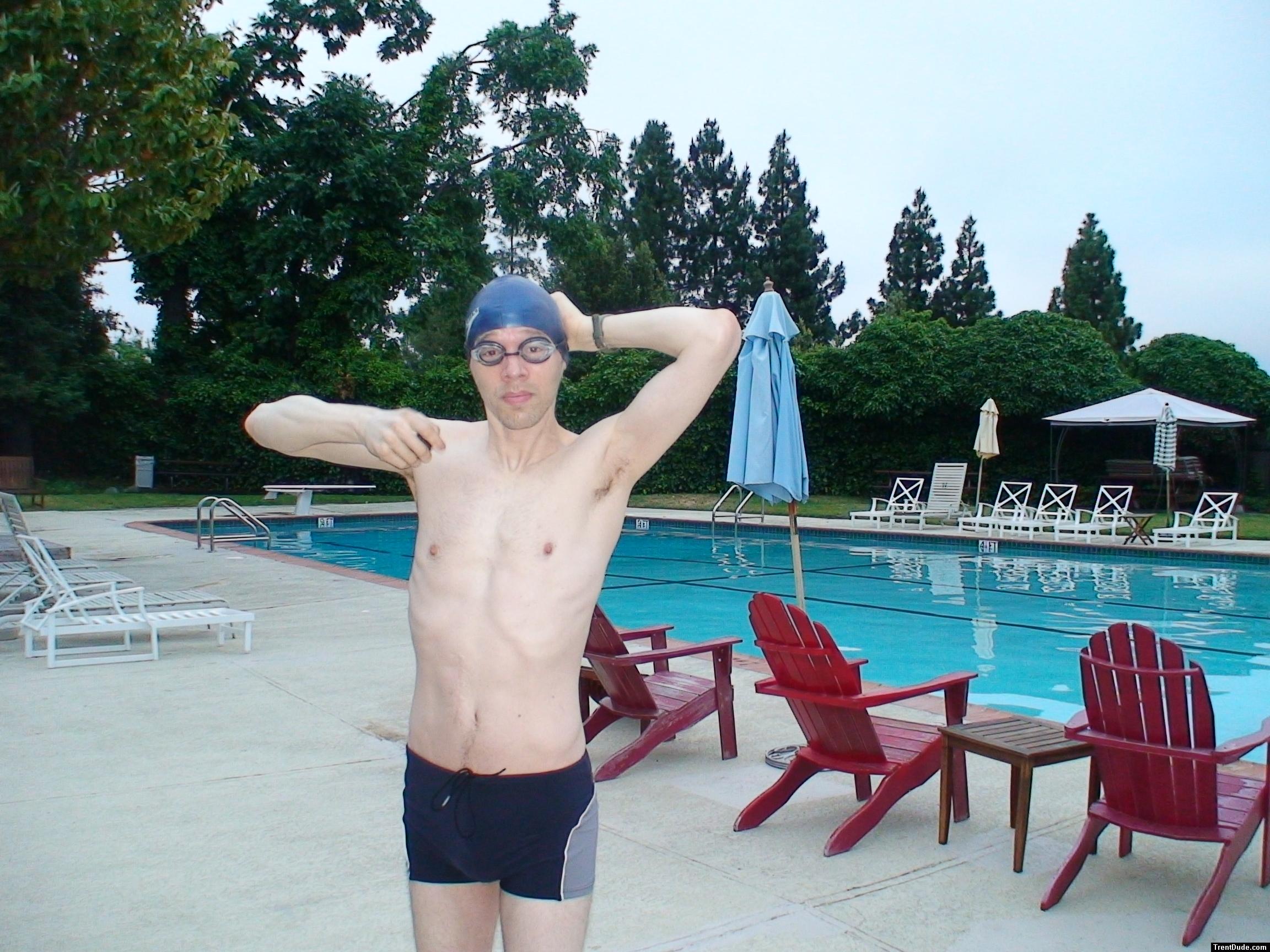 Calvin Klein swim boxers at the pool, swim cap, goggles