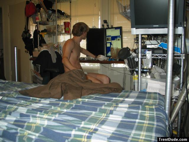 At the computer in undewear