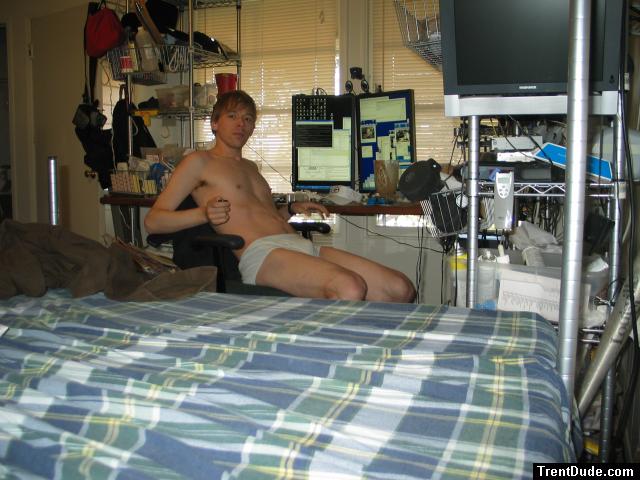 Lounging in underwear by the computer