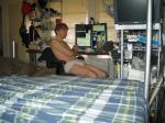 Lounging in underwear by the computer