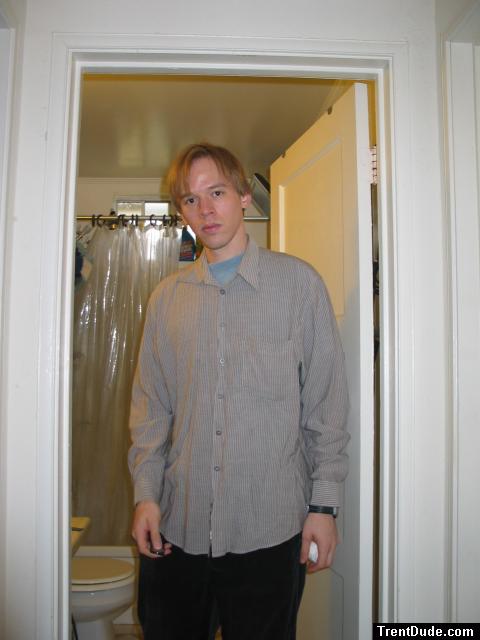 Tan button up shirt, long hair