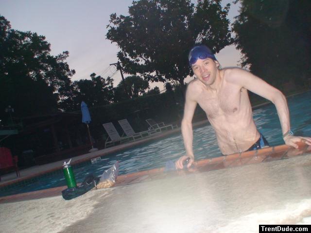 Climbing out of the pool after a swim (abs, chest hair)