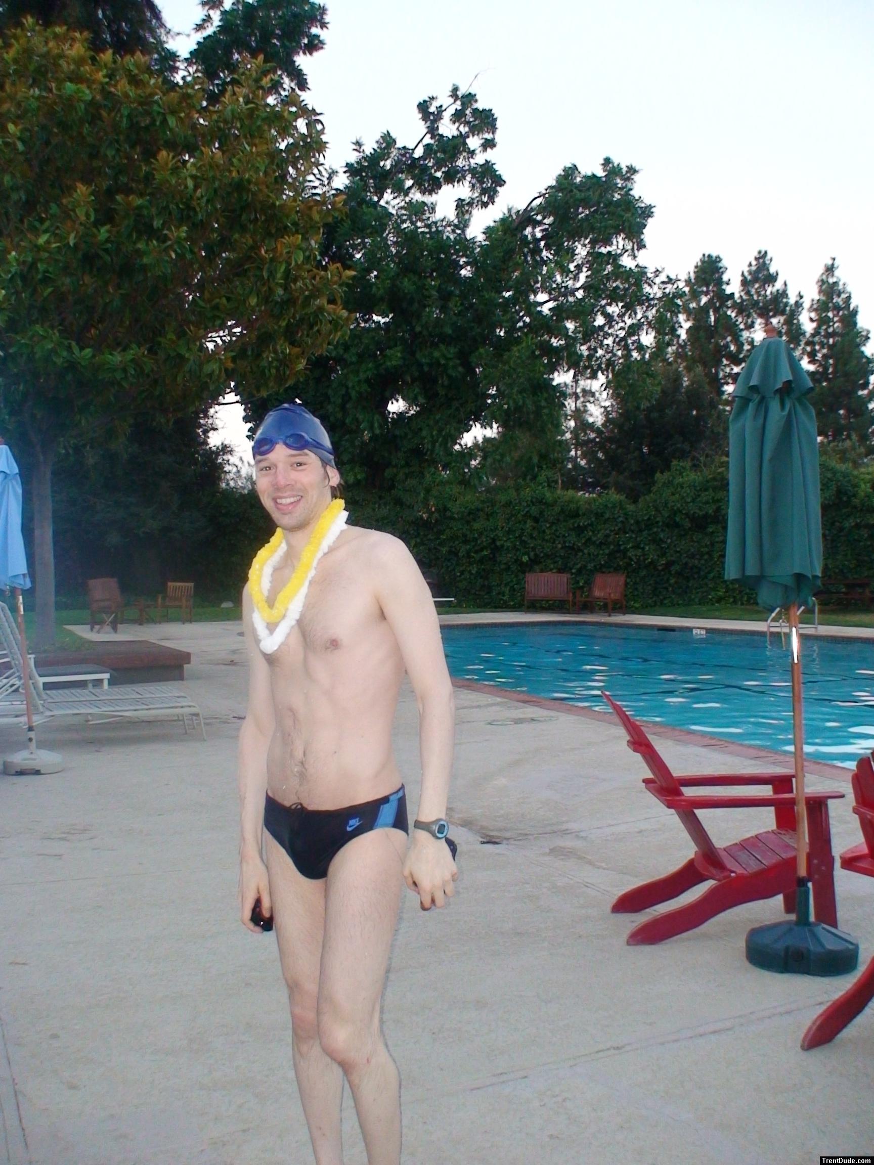 Some party items he found at the pool, Nike black/blue swim brief (best)