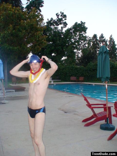 Some party items he found at the pool, Nike black/blue swim brief (best)