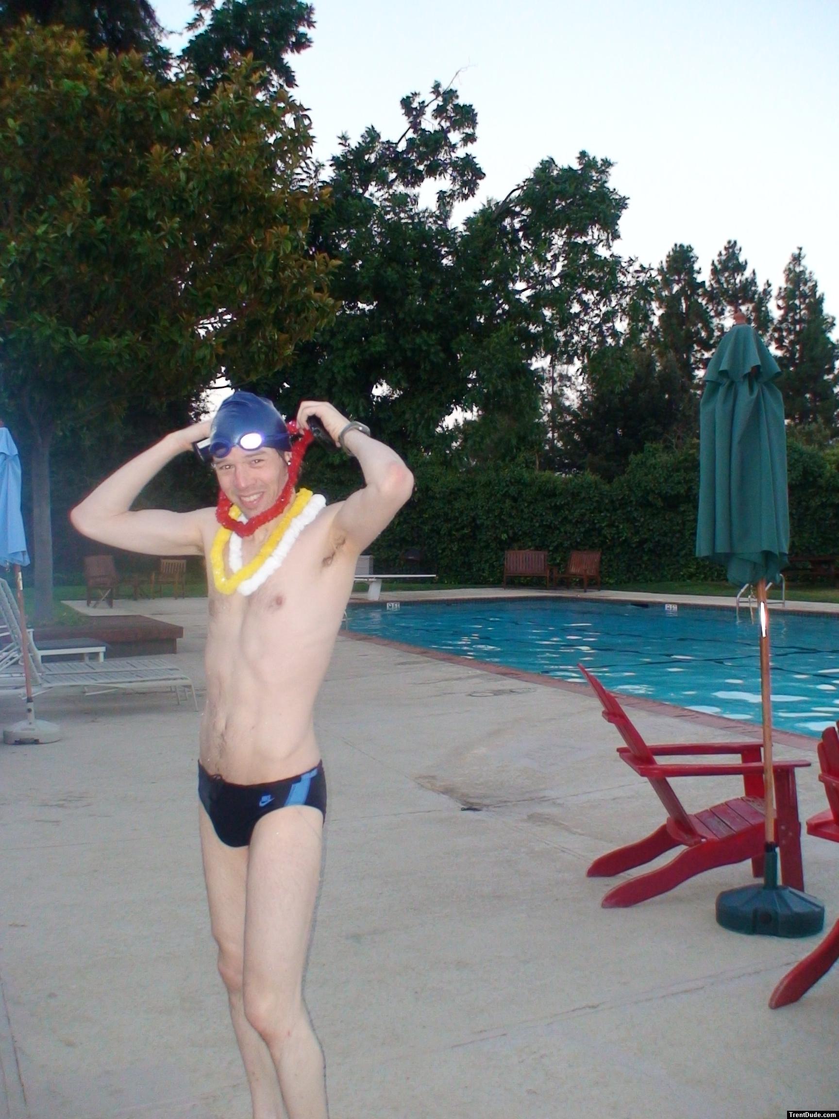 Some party items he found at the pool, Nike black/blue swim brief (best)