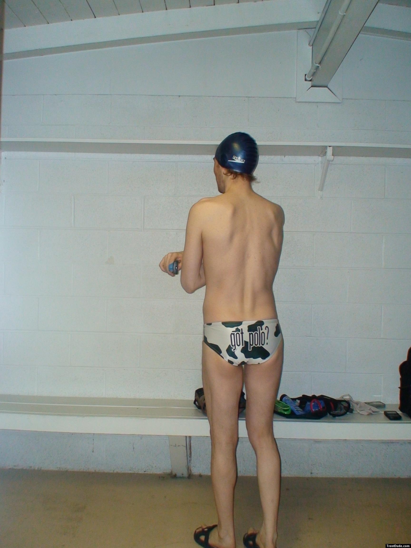 White polka dot speedo ("Got polo?" written on back)