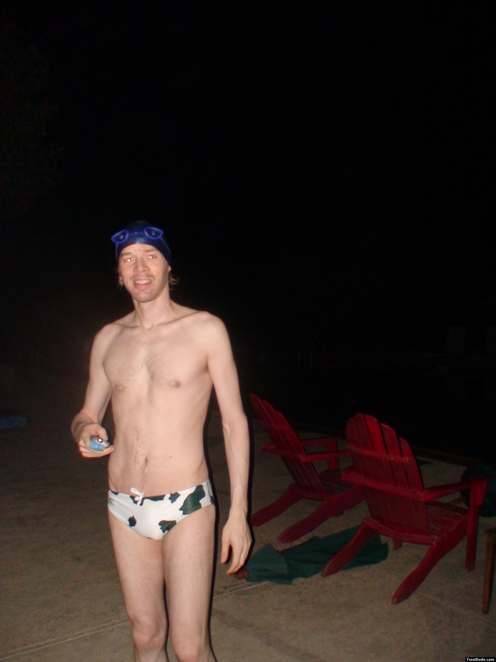 White polka dot/cow print water polo speedo, in the locker room