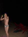 drinking smoothie, White polka dot speedo (blurry photo)