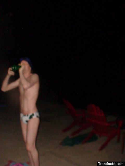 drinking smoothie, White polka dot speedo (blurry photo)
