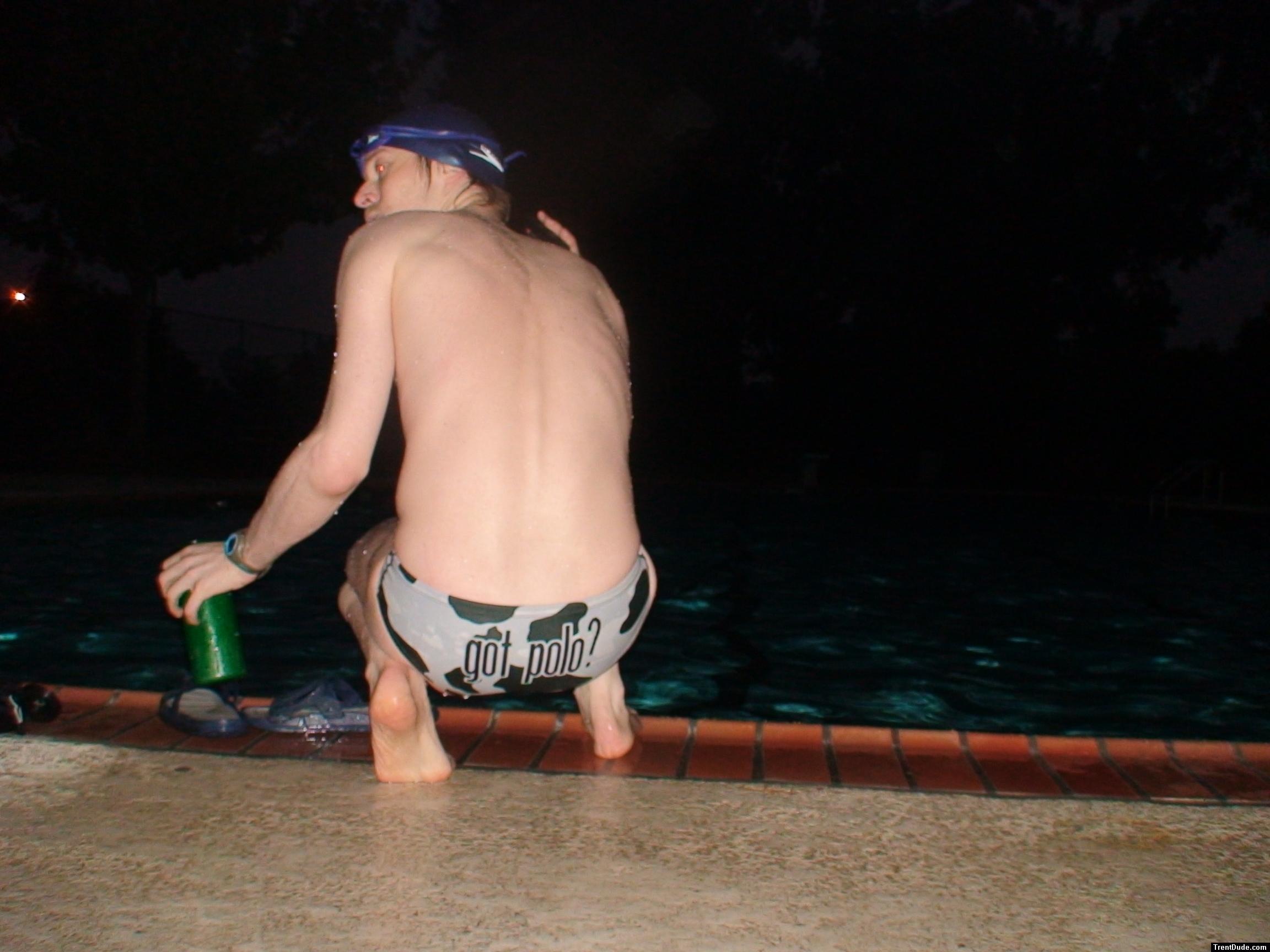 Got milk? White polka dot cow print water polo speedo, from Argonswim.com (size 26) (feet)