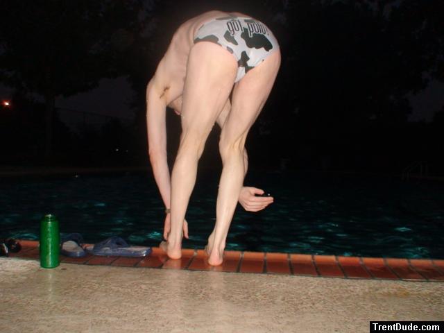 Got polo? - about to jump in wearing a white polka dot cow speedo (rear) (armpits)