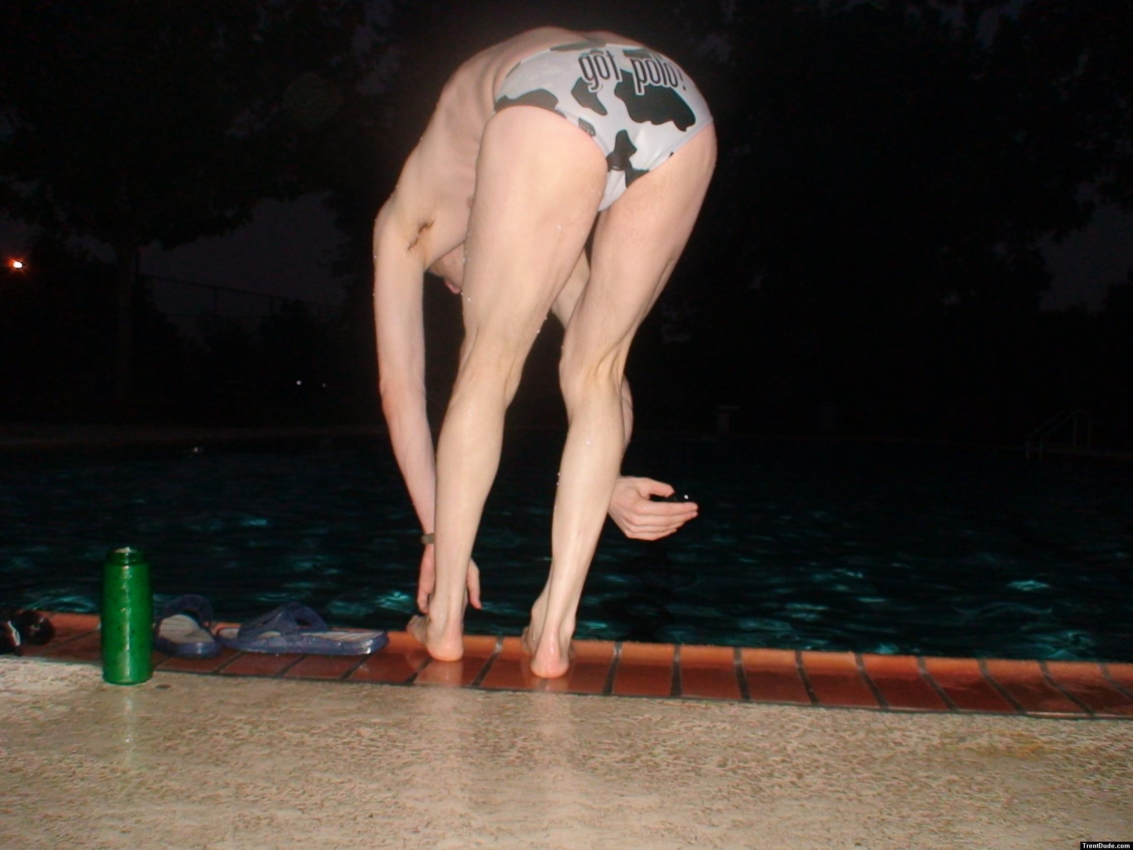 Got polo? - about to jump in wearing a white polka dot cow speedo (rear) (armpits)
