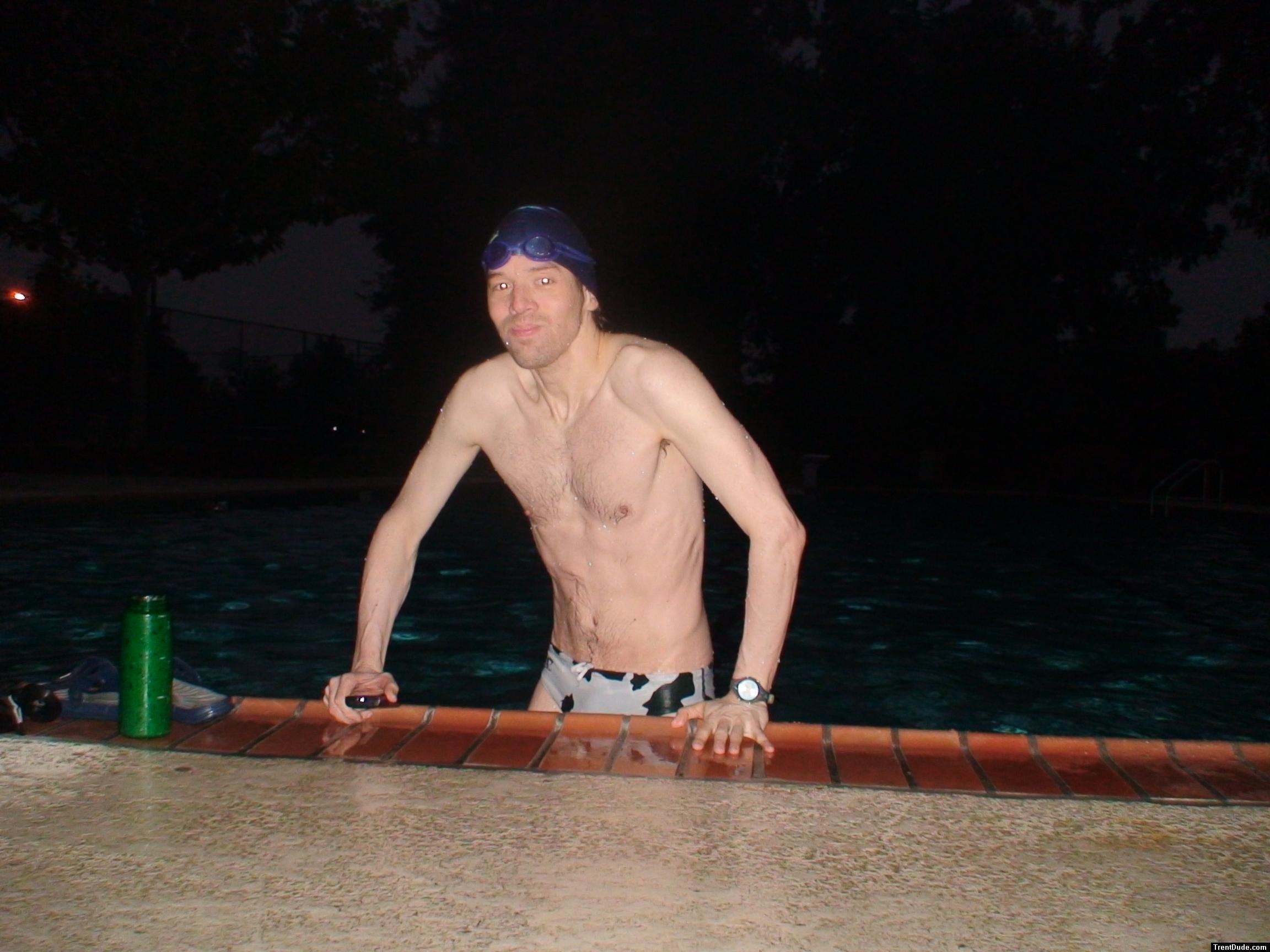 White polka dot cow  water polo speedo, from Argonswim.com  (chest hair)