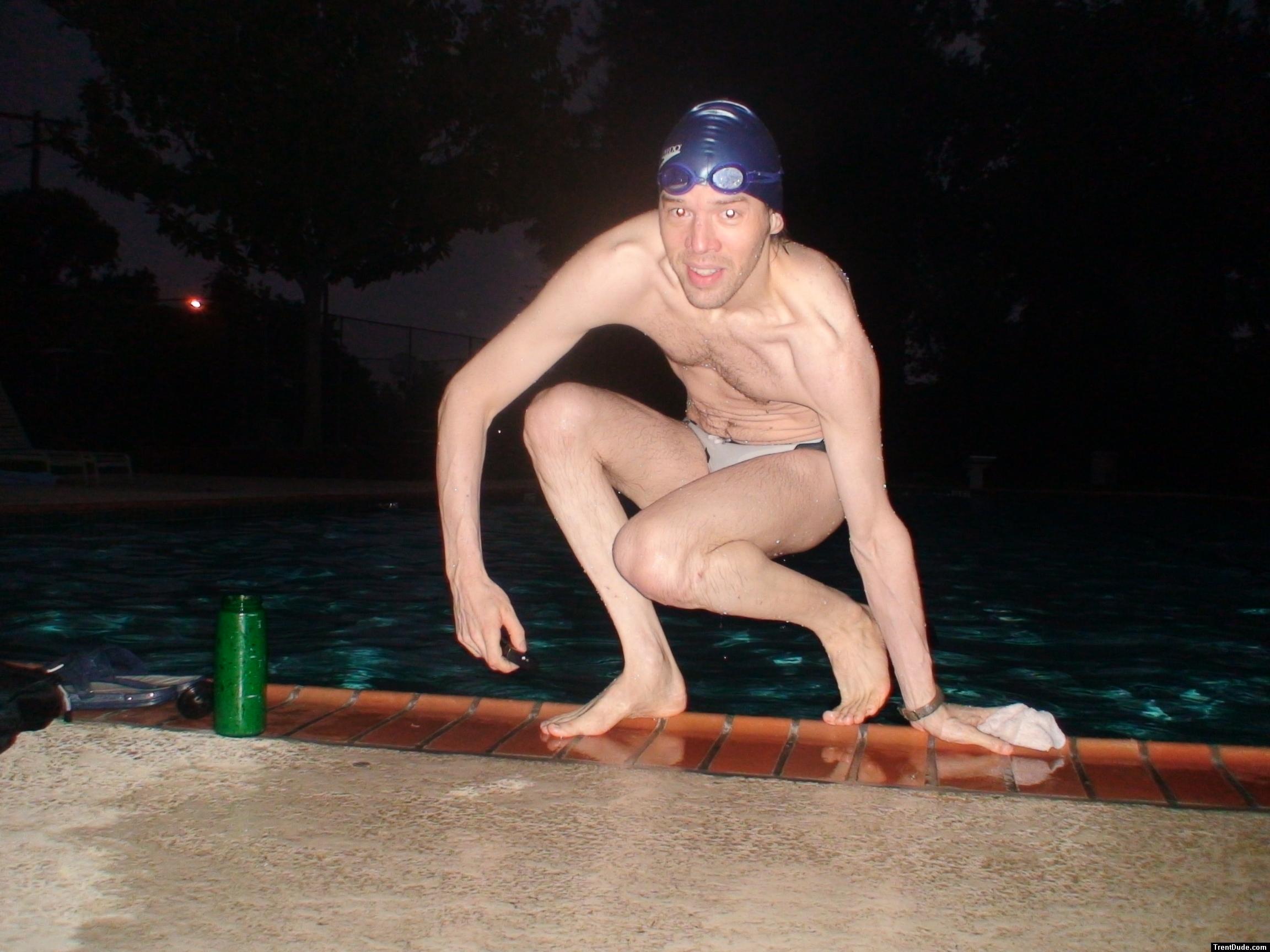 climbing out in a white polka dot cow speedo, from Argonswim.com