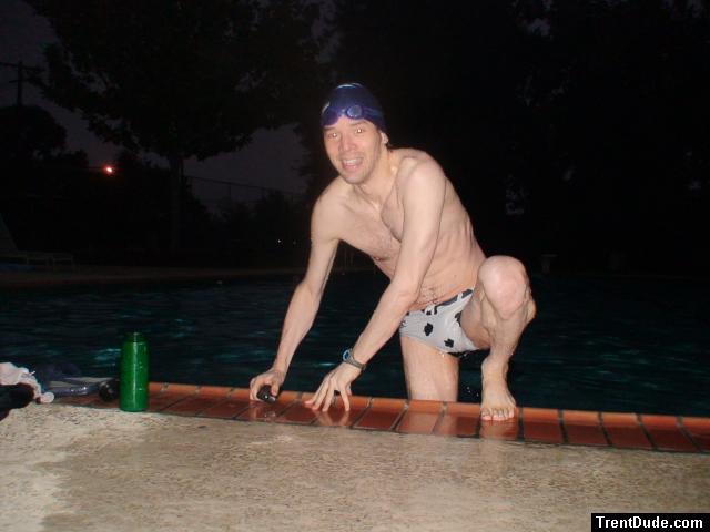 climbing out in a white polka dot/cow print  water polo swim brief, from Argonswim.com