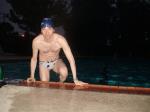 climbing out in a white polka dot/cow print  water polo swim brief, from Argonswim.com