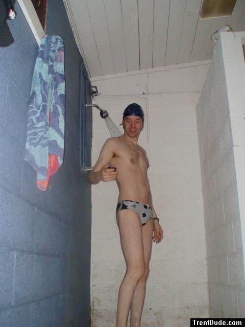 In the shower wearing a polkadot water polo speedo (chest hair)