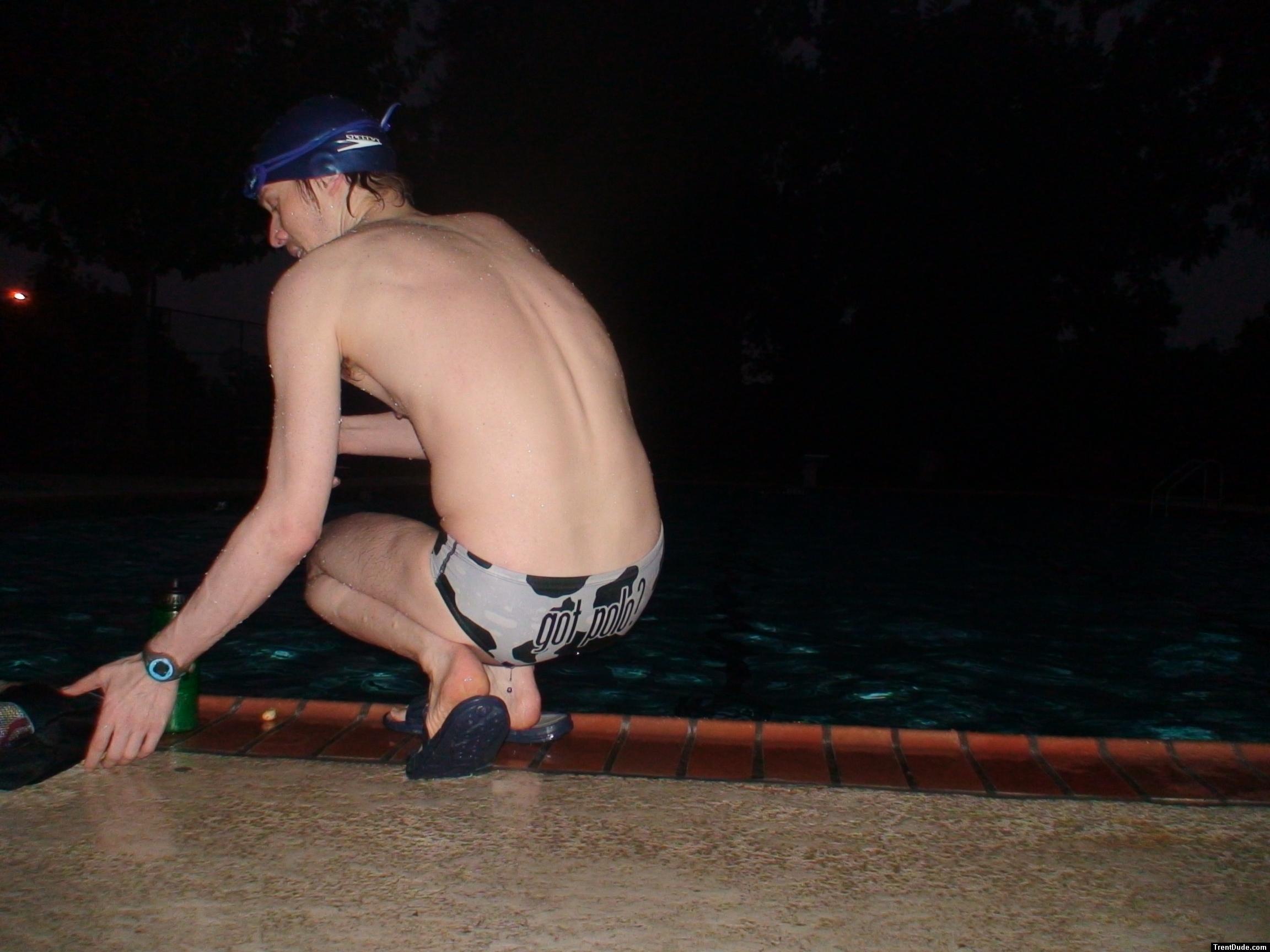 White polka dot cow speedo, from Argonswim.com (size 26)