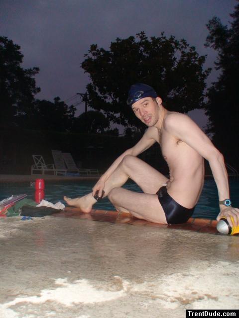 Swim team speedo size 30, relaxing next to the pool