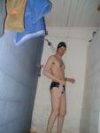 navy blue swim team speedo size 30 in the shower