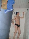 navy blue swim team speedo size 30 in the shower