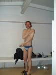 In the locker room wearing a size small swim brief