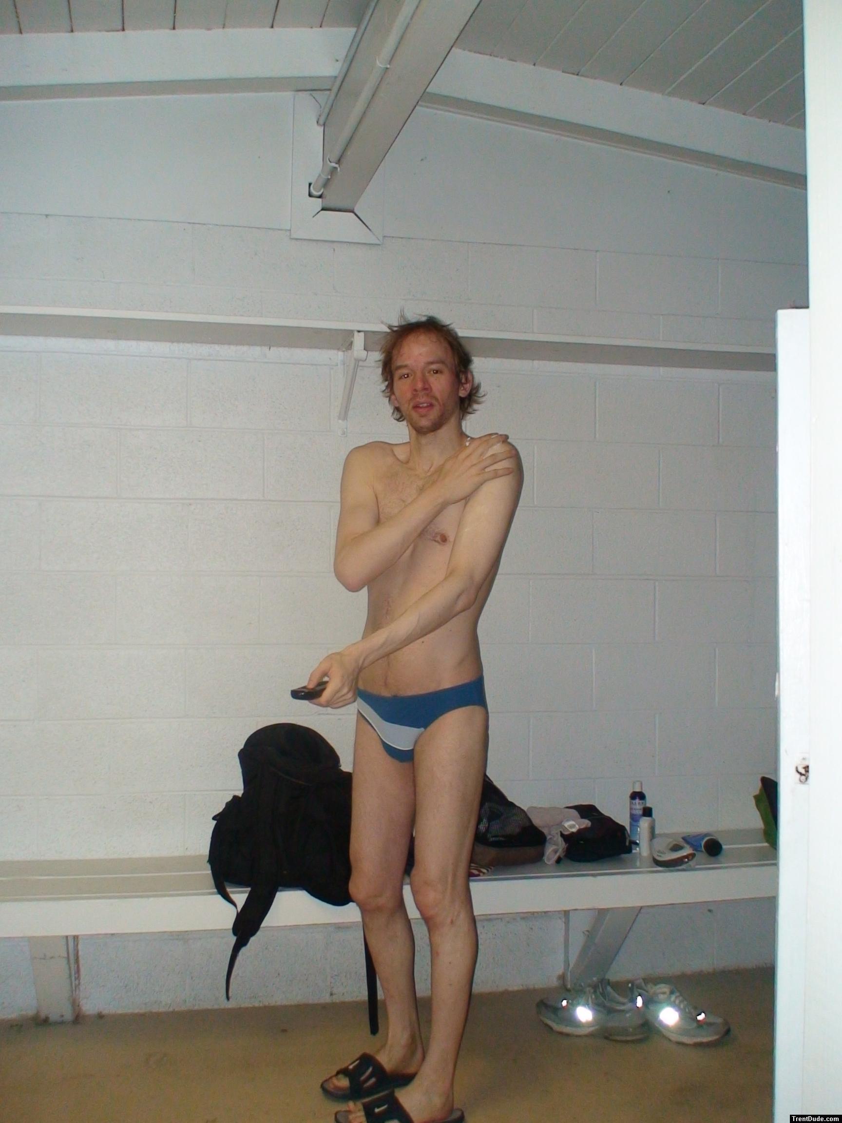 In the locker room wearing a size small swim brief