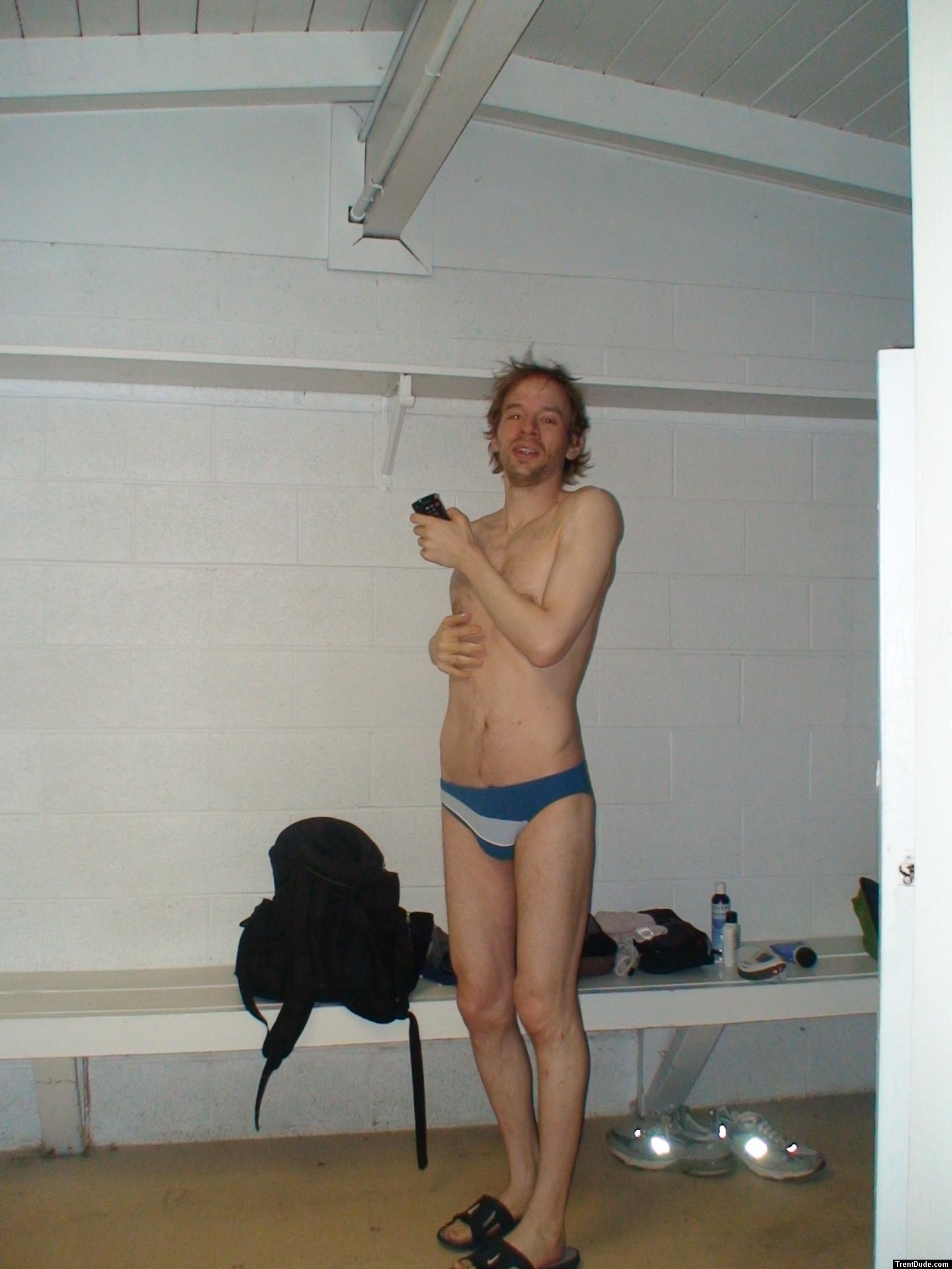In the locker room wearing a size small swim brief