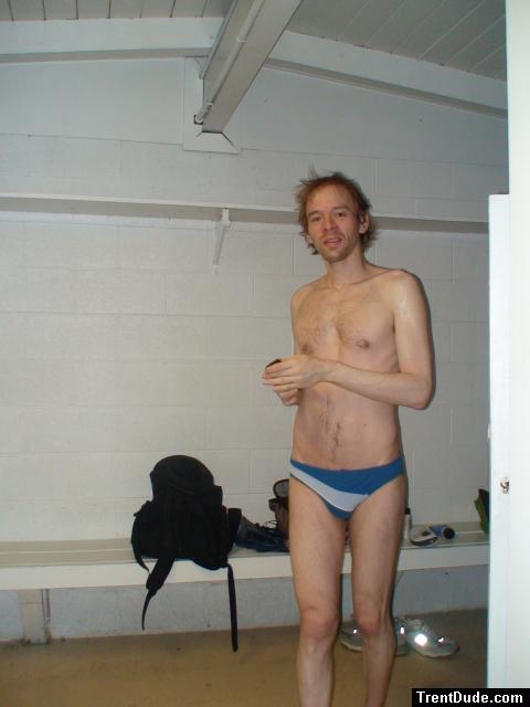 In the locker room wearing a size small swim brief