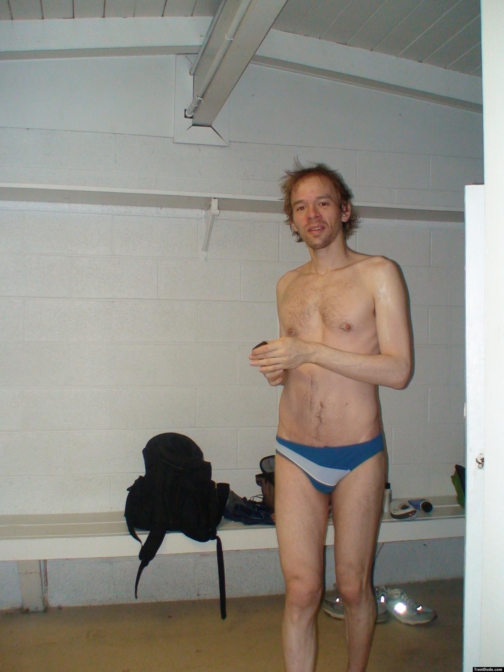 In the locker room wearing a size small swim brief