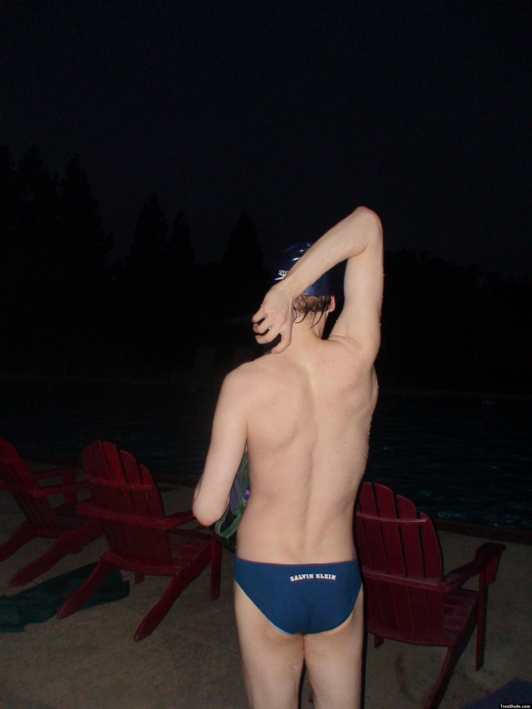 swimmer wearing Calvin Klein - Hipster Swim Brief Color: Lagoon/Marina (rear)