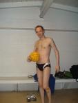 In the locker room about to play water polo